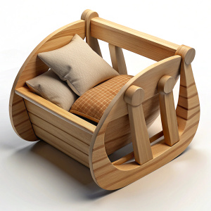 3D Render of a wooden doll cradle with bedding and a pillow, on isolated white background