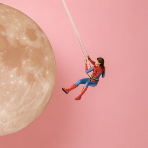 Digital art of Jessica Drew, aka Spider-Woman, swinging through the night sky. Dressed in iconic red and blue suit, against a stark black backdrop.