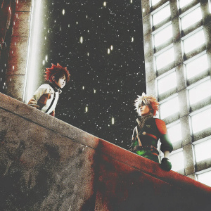 Fan art of Midoriya and Bakugo from My Hero Academia. They are standing on a dark city rooftop under a glowing neon sky. Midoriya with a determined expression, Bakugo focused. Vibrant color palette, contrasted against dark background.