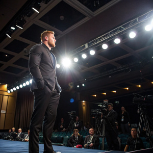 J.J. Watt in a sleek black suit at a press conference. Standing on a stage with spotlights shining down.