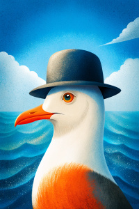 stylish surreal illustration for a poster in the style of Rene Magritte, white seagull with a dark bowler hat as Charlie Chaplin, grainy texture paper