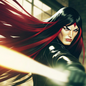 A powerful, female superhero in a dynamic action stance. Her long, black hair with red streaks flows dramatically. She wears a sleek, dark costume. Intense, comic book style art with a dark, blurred background emphasizing her fierce expression.