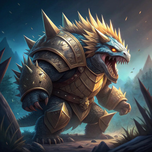 Digital art of King Rammus from League of Legends, aggressive battle pose. Dark blue gradient background