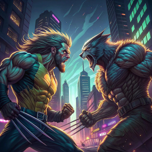 Logan (Wolverine) and Victor Creed (Sabretooth) in fierce combat scene. Digital illustration with vibrant colors and detailed linework. Battle in futuristic cityscape