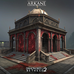 Concept art rendering for Dishonored 2, intricate structure resembling decaying flesh with dark tones and red hues. Arkane and Bethesda logos prominently displayed