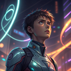 Digital art of Shinji Ikari. Wearing a sleek metallic outfit. Expressive face. Intense background with swirling neon colors. Highly detailed and realistic style