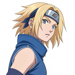 Digital illustration of Haruno Sakura from Naruto series. Blonde hair, determined expression, blue outfit. White background