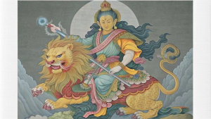 chinese Bodhisattva, yellow smile round face, right-hand holding a sword and riding a lion.