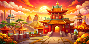 red gold cartoon china town red gold colours wallpaper background game style best quality 4k hd image