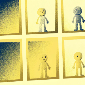 Character design sheet for John. Various poses and facial expressions in a minimalist cartoon style. Limited color palette.