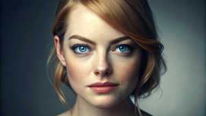 Emma Stone with blue eyes is posing for a picture, a character portrait by Slava Raškaj, featured on cg society, photorealism, studio portrait, uhd image, golden ratio