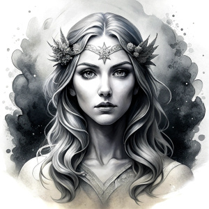 Saga, The Seer - Nordic Goddess of Sagas & Myths perfect realistic art, high-definition grey and black, white background tattoo design