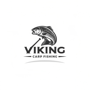 A sleek logo for 'Viking Carp Fishing'. The design features a carp in a bold, dynamic pose above the word 'Viking'. Below, in a smaller size, is the brand name 'Carp Fishing'. The overall aesthetic is modern and minimalistic, using a monochromatic color scheme.