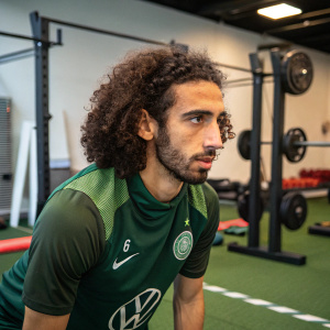 Marc Cucurella, midfielder with intense gaze. Wearing training gear, including green jersey with club emblem. Indoor gym setting.