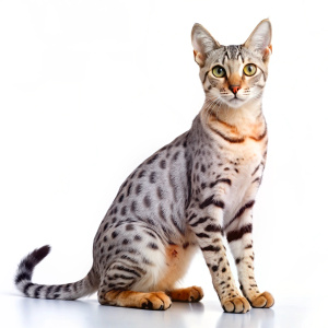 beautiful Egyptian Mau cat full body side view isolated on white
