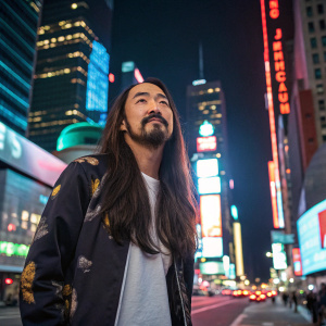Steve Aoki, an Asian male with long wavy brown hair and beard, promoting his music festival. Background: bustling cityscape at night with neon lights.