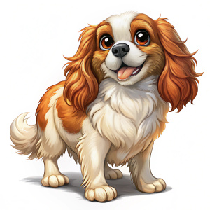 Cartoon charming happy Cavalier King Charles spaniel in full height on a white background