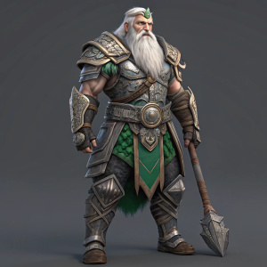 3D digital illustration of a grandiose warrior character from Pagam Online. Muscular male with long white beard. Dressed in intricate gray, green, and metallic armor with detailed embellishments. Set against a uniform, neutral gray background.