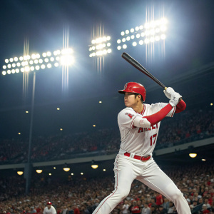 Shohei Ohtani, baseball player, in the batting stance. Bright stadium lights and excited crowd in the background.