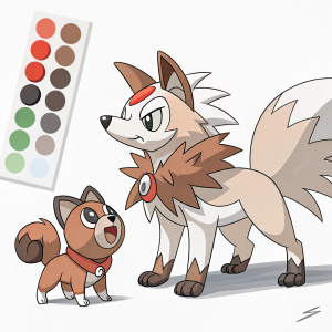 A cartoon illustration featuring Pokemon Rockruff and Lycanroc. Digital art on a software platform. Plain white background with color palette on the right.