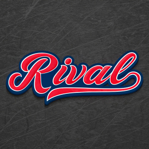 The Rval logo design. Bold cursive script in red and blue hues, set against a textured charcoal background.
