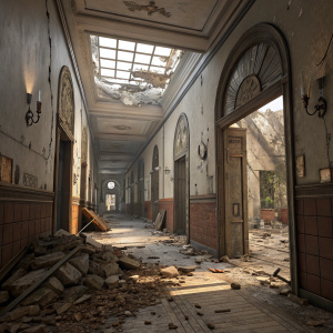 3D rendering of a devastated interior scene from 'Wolfenstein II: The New Colossus'. Shattered walls, scattered debris, and open passages leading to further destruction.