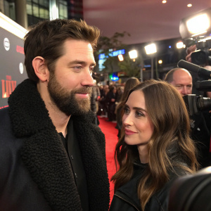 John Krasinski and Allyson Seeger at a bustling press conference. Dark attire, fuzzy black jacket, long brown hair, short beard. Background: vibrant red carpet with flashing cameras.