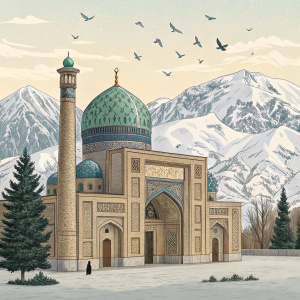 The Khoja Akhrar Vali Juma Mosque in Tashkent, Uzbekistan, set against a backdrop of snow-capped mountains. Ornate gateway with detailed carvings, greenish-blue domes, and gold accents. The mosque is enveloped by a serene forest with birds flying overhead.