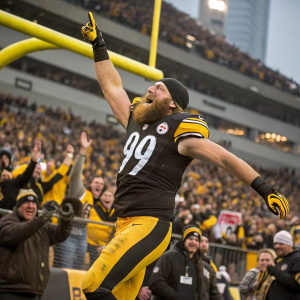 Brett Keisel, bearded football player, jumping with joy. Pittsburgh Steelers jersey number 99. Crowded stadium, fans cheering, goalpost visible.