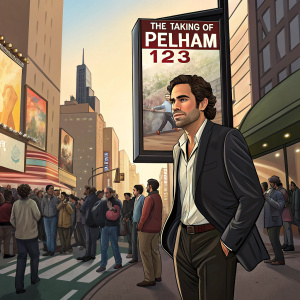 Ramon Rodriguez posing confidently in front of an outdoor movie billboard for 'The Taking of Pelham 1 2 3'. Crowded street scene
