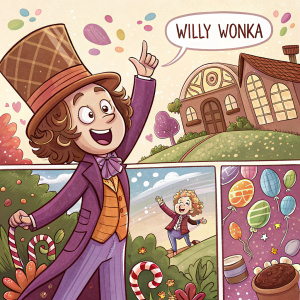 In a colorful comic strip, a character resembling Willy Wonka from 'Charlie and the Chocolate Factory' is illustrated in a vibrant, cartoon style. Set in a whimsical chocolate factory, the panels showcase the character's expressive face and interactions with others. Each panel, featuring bold colors and dialogue bubbles, unfolds the narrative sequentially, capturing the charm of a children's comic.