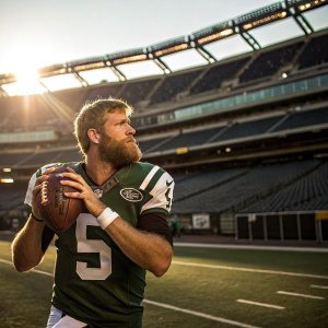 Ryan Fitzpatrick, quarterback, intense focus, wearing number 5 Jets jersey, playing in an empty stadium, late afternoon sunlight casting long shadows