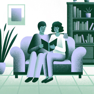 Michael Cera and Alia Shawkat, wearing casual outfits, sitting on a vintage couch in a cozy living room filled with books and plants.