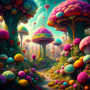 A forest full of colorful flowers and giant candy trees in the Land of the Flying Rabbits