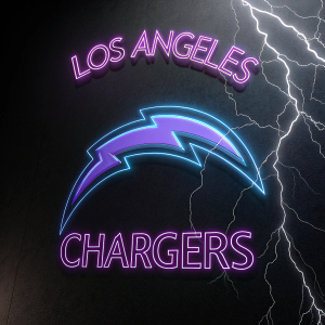 The Los Angeles Chargers logo, depicting a vibrant purple and blue lightning bolt on a sleek black background.
