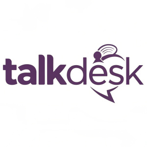 Talkdesk logo. Modern and sleek design. Purple sans-serif text on white background. Minimalistic and professional.
