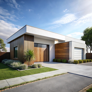 Modern ranch style minimalist cubic house with garage and landscaping design front yard. Residential architecture exterior with wooden cladding and white walls. 