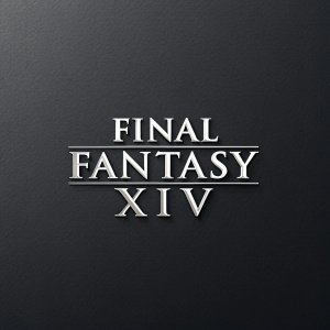 The logo for Final Fantasy XIV. It's a sleek, silver design with a minimalist font style on a dark background.