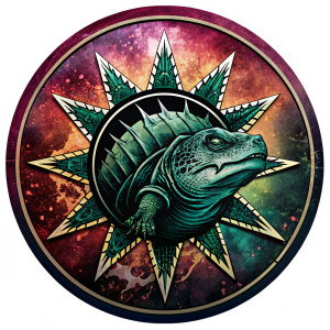 Tortugaz logo redondo con silueta de tortuga caiman con caparazón con picos banda de rock alternativo monocromático oscuro