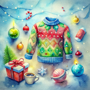 A cozy Christmas jumper with festive tree with christmas lights and delicate snowflakes ,watercolour clipart ,gifts with blue ribbons , cute tiny santa , hot cocoa mug , winter christmas scene , christmas cupcake with mistletoe ,christmas pudding,sweets.small rabiit with sweater