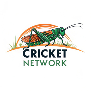 Digital artwork of a logo for 'Cricket Network'. The logo features a stylized illustration of a cricket insect with vibrant green and orange hues. The text 'Cricket' is displayed in bold, sleek font beneath the insect.