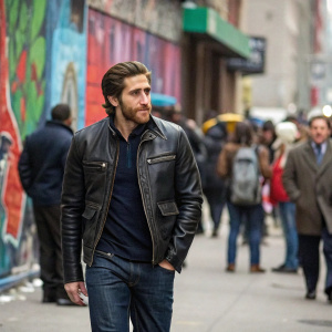 Jake Gyllenhaal, actor, dressed in a black leather jacket and jeans, walking on a busy city street. Crowds of people around, colorful graffiti walls in background