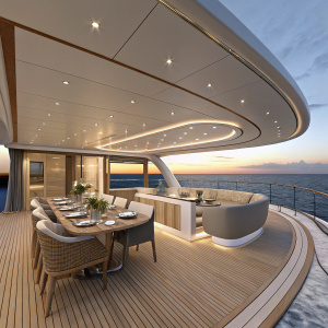 3D rendering of an opulent yacht's deck showcasing modern interior design. Sleek curved ceiling with recessed lighting, warm wooden flooring. Seating area encircles a lavish dining table with elegant settings. Open ocean view.