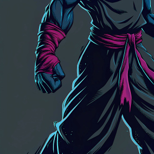 Digital illustration of a muscular character from an anime series. Torso and part of the body are shown in a dynamic pose. Sketch-like style with a red accessory. Dark background