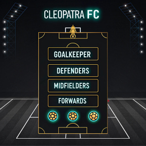 Interactive infographic for the Cleopatra FC squad. Black background, glowing neon text highlighting player positions: goalkeeper, defenders, midfielders, forwards.