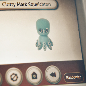 Teal octopus character named Clotty Mark Squelchton in game interface. Maroon background. Various customization options like eyes, mouths, bodies. Randomize button.