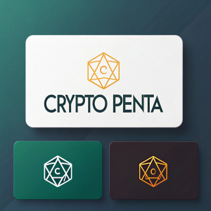 A set of sleek and minimalist logo designs for Crypto Penta. Each logo is displayed on a different color background. The brand name is prominently featured in a bold font, surrounded by abstract geometric shapes. The overall aesthetic is contemporary and high-tech.