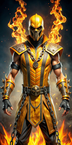 escorpión mortal kombat, armadura amarilla, fuego en sus dos manos, cadenas en su torso y brazos, rostro de craneo, cinturón de craneo, fuego en la cabeza