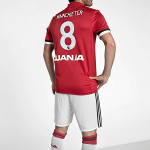 Juan Mata in Manchester United's home jersey from the 2017-2018 season. Predominantly red with classic soccer design, featuring white '8' number.