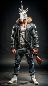 A front view of a masculine muscular unicorn human hybrid wearing chuck taylor hitop sneakers and a black leather hoodie jacket. He's got an ak-47 pointed right in the viewers direction.